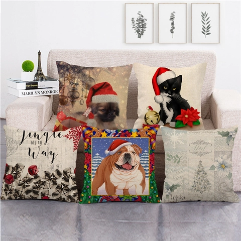 Vrolijk Kerstfeest Linnen Sierkussensloop Decoratieve Vierkante Kussenhoes Bloem Dier Patroon Voor Bank Huis Decoratie Kerstcadeau