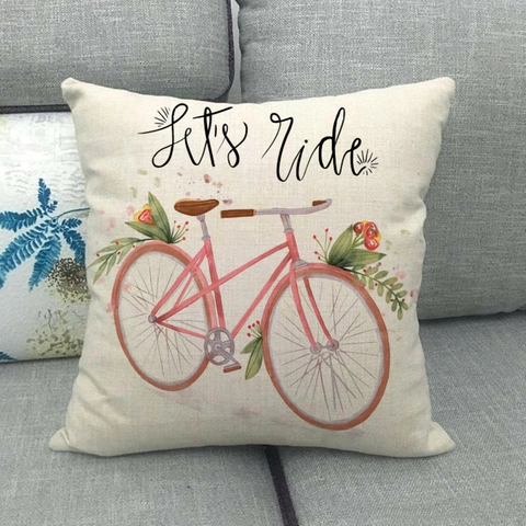 Fodera Per Cuscino In Lino Con Motivo Bicicletta E Fiori Acquerello Stile Pastorale Retrò Decorativa Per Divano Casa