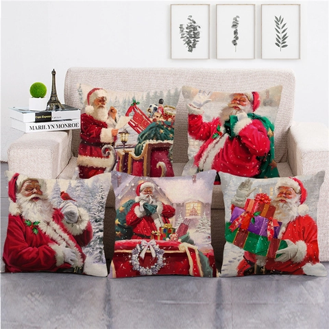 Weihnachten Kissenbezug Weihnachtsmann Ölgemälde Stil Leinen Kissenhülle Für Sofa Wohnzimmer Feiertag Dekoration