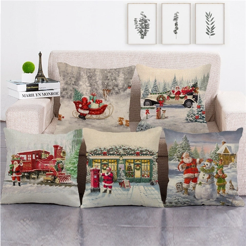 Vintage Weihnachten Leinen Kissenbezüge Weihnachtsmann Schneemann Rentier Muster Quadratische Dekorative Kissenhüllen Heimtextilien