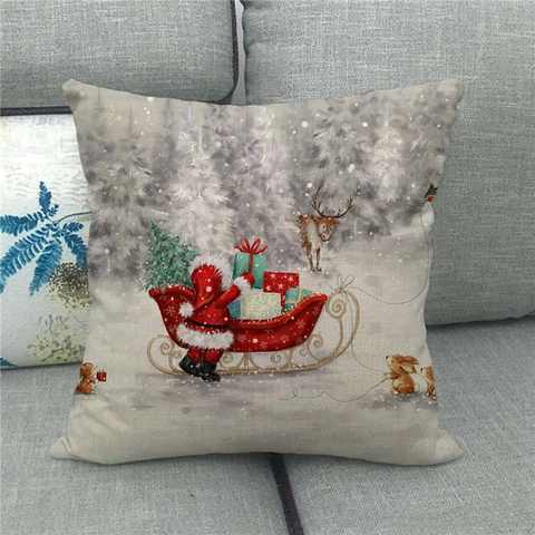 Vintage Weihnachten Leinen Kissenbezüge Weihnachtsmann Schneemann Rentier Muster Quadratische Dekorative Kissenhüllen Heimtextilien