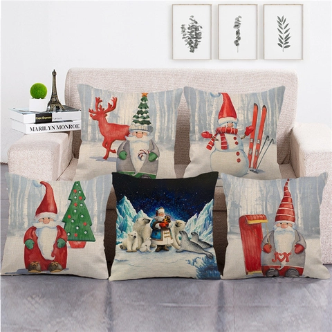 Funda De Almohada De Navidad Lino Patrón Papá Noel Perro Decorativo Cuadrado Para Sofá Decoración Hogar