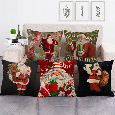 Federa Per Cuscino Di Natale Lino Copricuscino Babbo Natale Renna Vintage Inverno Decorazione Casa Divano Quadrato Decorativo