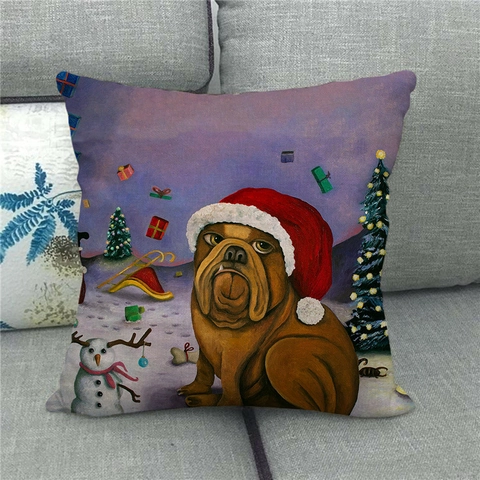 Funda De Almohada De Navidad Lino Patrón Papá Noel Perro Decorativo Cuadrado Para Sofá Decoración Hogar