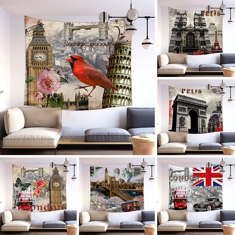 Arazzo Da Parete Poliestere Decorativo Retro Monumenti Del Mondo Parigi Londra New York Paesaggio Urbano Arte Vintage Decorazione Casa Sfondo