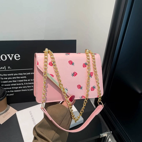 Borsa a Tracolla Piccola Quadrata da Donna in Pelle PU con Catena d'Oro e Stampe a Fumetti Ciliegia Fragola