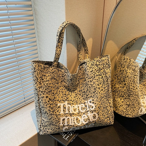 Vintage Leopardenmuster Leinwand Tragetasche Große Kapazität Schultertasche Mit Beschriftung Für Damen Casual Pendler Reise Handtasche