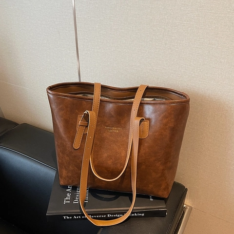 Vintage Tote Bag Mit Großer Kapazität PU Leder Retro Pendler Schultertasche Für Frauen Goldene Hardware Minimalistisch