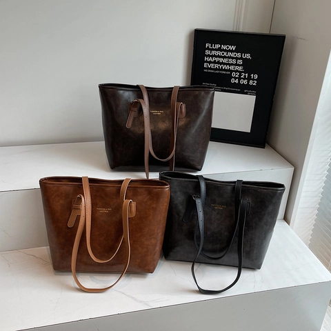 Women Vintage Minimalist PU Leather Tote Bag Large Capacity Solid Color Shoulder Bag For Commuting Daily Fashion Handbag