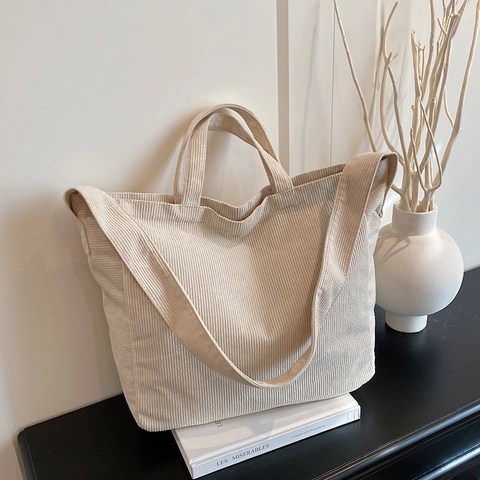 Corduroy Tote Tasche Große Kapazität Reißverschluss Schulterhandtasche Minimalistisch Lässig Japanischer Stil Für Damen Student