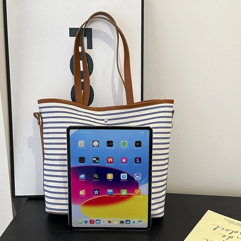 Gestreifter Segeltuch Shopper Große Kapazität Pendler Schultertasche Mit Kunstledergriff Lässige Handtasche Damen
