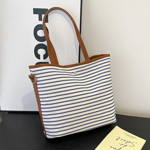 Women's Casual Striped Canvas Tote Bag Large Capacity Shoulder Bag With Brown PU Leather Handles Striped Handbag For Daily Use