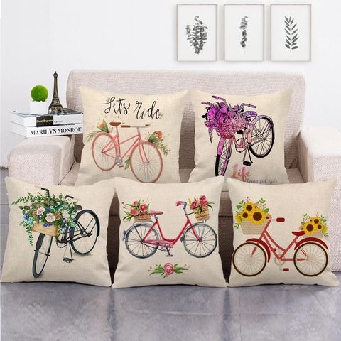 Fodera Per Cuscino In Lino Con Motivo Bicicletta E Fiori Acquerello Stile Pastorale Retrò Decorativa Per Divano Casa