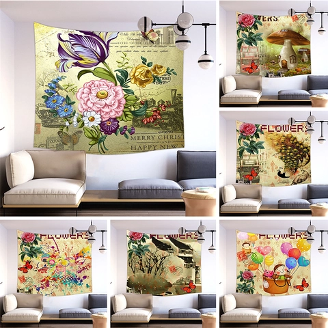 Vintage Floral Tapestry Wall Hanging Polyester Art Fabric Retro Butterfly Mushroom Decorative Blanket For Living Room Bedroom Home Office Decor