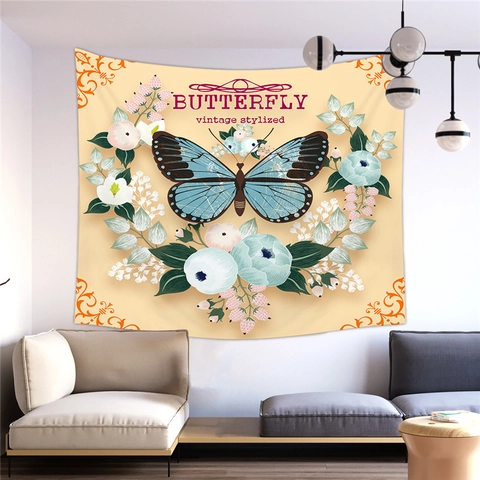 Vintage Floral Tapestry Wall Hanging Polyester Art Fabric Retro Butterfly Mushroom Decorative Blanket For Living Room Bedroom Home Office Decor