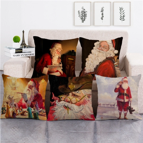 Federe Per Cuscini Natalizi In Lino Vintage Babbo Natale Stampa Digitale Quadrata Decorazione Per Casa Divano Soggiorno