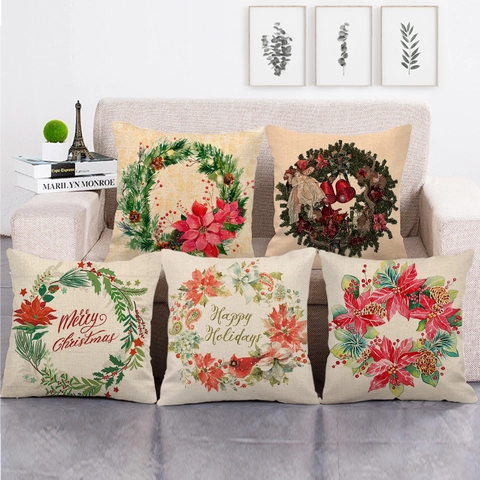 Funda De Cojín De Navidad Lino Cuadrado Corona Festiva Estampado Poinsettia Funda De Almohada Sofá Decoración De Hogar