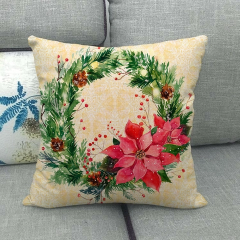 Funda De Cojín De Navidad Lino Cuadrado Corona Festiva Estampado Poinsettia Funda De Almohada Sofá Decoración De Hogar