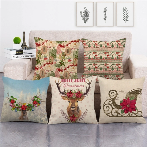 Kerstmis Linnen Kussenhoes Rendier Kerstboom Slee Patroon Decoratieve Sierkussen Sloop Voor Sofa Thuis Decoratie