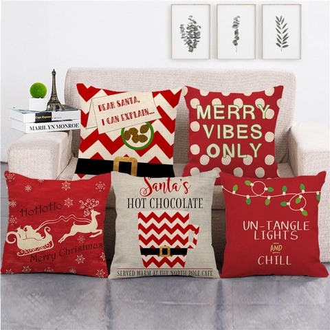 Merry Christmas Linen Pillowcase Decorative Holiday Throw Pillow Cover Santa Claus Reindeer Printed Square Cushion Case Home Decor