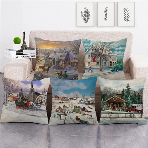 Taie d'Oreiller en Lin Aquarelle de Noël Scène de Neige Hivernale Carré Housse de Coussin Décorative Pour Canapé Maison Sans Rembourrage