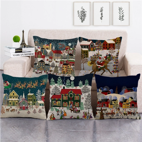 Federa Per Cuscino Di Natale Lino Paesaggio Invernale Nevoso Scena Notturna Decorativa Per Divano Casa Soggiorno