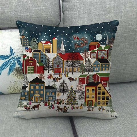 Federa Per Cuscino Di Natale Lino Paesaggio Invernale Nevoso Scena Notturna Decorativa Per Divano Casa Soggiorno