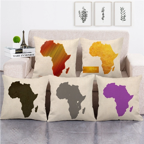 African Map Continent Print Linen Throw Pillow Case Square Decorative Cushion Cover For Sofa Bed Living Room Home Decor Artistic Ethnic Style
