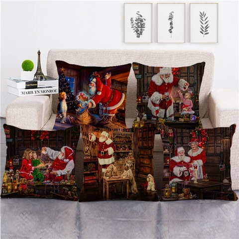 Merry Christmas Linen Pillow Cover Retro Oil Painting Santa Claus Square Cushion Case Holiday Home Sofa Decor Jewelry