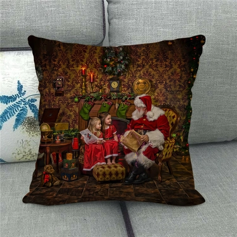 Merry Christmas Linen Pillow Cover Retro Oil Painting Santa Claus Square Cushion Case Holiday Home Sofa Decor Jewelry