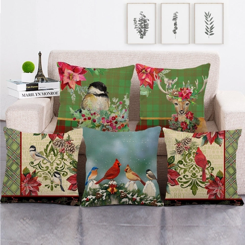 Federe Per Cuscini In Lino Natalizie Uccello Cardinale Poinsettia Festivo Quadrato Federe Decorative Per Divano