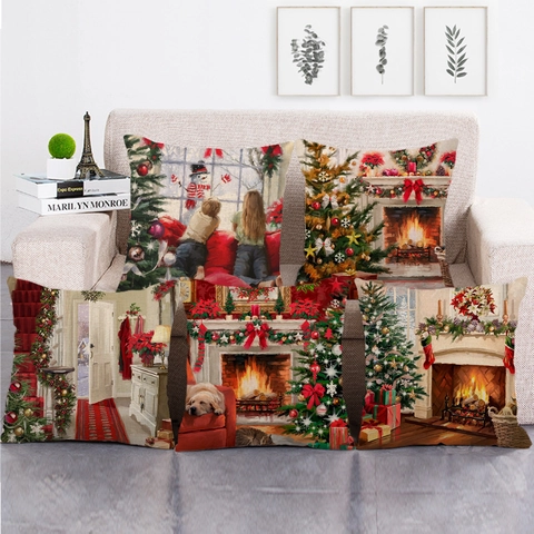 Christmas Linen Pillowcase Retro Oil Painting Style Decorative Cushion Cover Square Home Decor Holiday Winter Gift