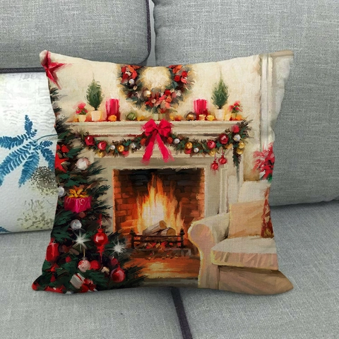Christmas Linen Pillowcase Retro Oil Painting Style Decorative Cushion Cover Square Home Decor Holiday Winter Gift