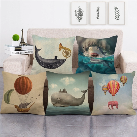 Surrealist Animal Illustration Linen Pillowcase Vintage Whale Elephant Shark Pattern Square Decorative Cushion Cover Home Decor
