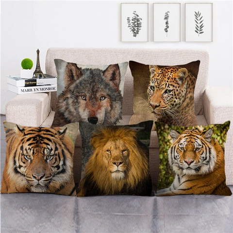 Fodera Per Cuscino Decorativo Viso Animale Lino Quadrato Tigre Leone Lupo Leopardo Stampa Realistica Arredamento Divano