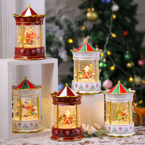 Palla Di Neve Natalizia Carosello Rotante Musicale Con Luce Decorazione In Resina Regalo Alimentato USB O Batterie