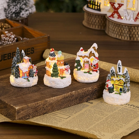 Weihnachten Leuchtendes Harz Miniatur Haus Ornament LED Aufleuchten Weihnachtsmann Schneemann Figur Feiertag Tischdekoration Xmas Geschenk