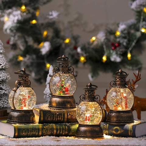 Linterna De Bola De Nieve De Navidad Con Luz LED Y Música Bronce Vintage Resina Plástico Decoración De Escritorio Adorno