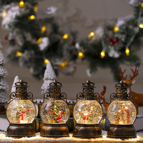 Linterna De Bola De Nieve De Navidad Con Luz LED Y Música Bronce Vintage Resina Plástico Decoración De Escritorio Adorno