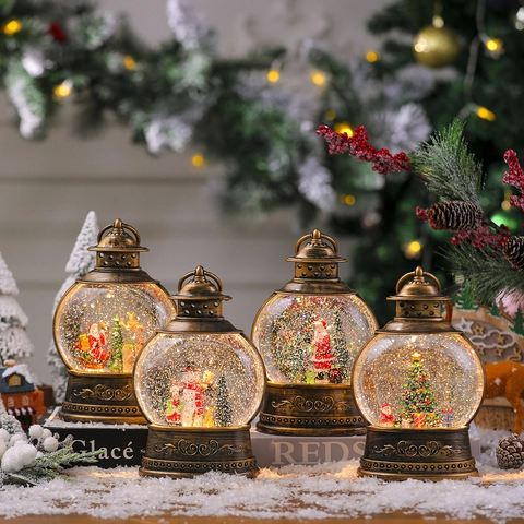 Lanterna Palla Di Neve Di Natale Riempita D'acqua Glitter LED Luce Musica Bronzo Vintage Decorazione Scrivania Babbo Natale