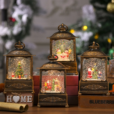 Lanterna Palla di Neve Natalizia Vintage Musicale Alimentata USB LED Scene Babbo Natale Pupazzo di Neve Lanterna con Neve Decorativa