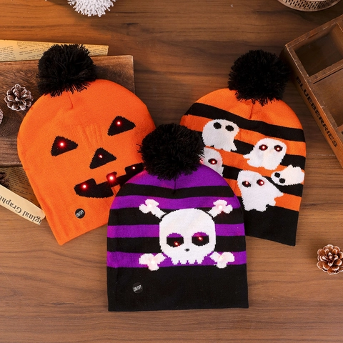 Halloween LED Light Up Knit Hat Skull Ghost Pumpkin Monster Pattern Beanie With Pom Pom For Kids Adults Party Supplies