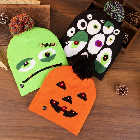 Halloween LED Light Up Knit Hat Skull Ghost Pumpkin Monster Pattern Beanie With Pom Pom For Kids Adults Party Supplies