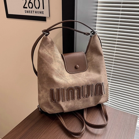 Borsa Tote In Tela Lavata Grande Capacità Vintage Patch In Pelle A Contrasto Borsa A Tracolla Zaino Per Donna Retro Casual