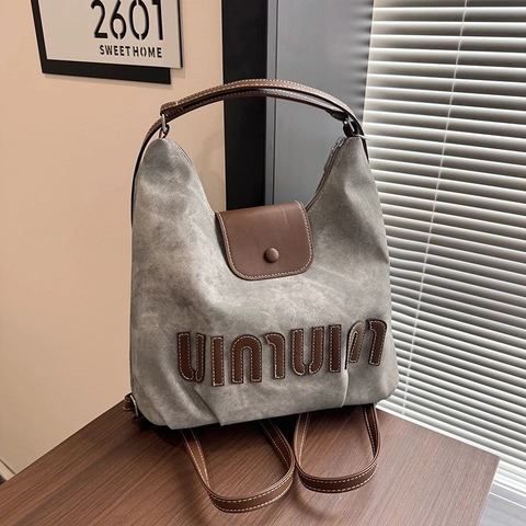 Borsa Tote In Tela Lavata Grande Capacità Vintage Patch In Pelle A Contrasto Borsa A Tracolla Zaino Per Donna Retro Casual