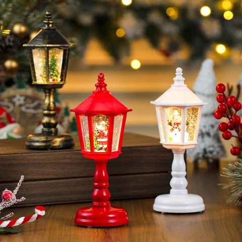 Christmas Glitter Lantern Snow Globe LED Light Up Musical Water Filled Rotating Desktop Decoration Vintage Retro Holiday Window Display Gift