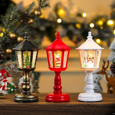 Christmas Glitter Lantern Snow Globe LED Light Up Musical Water Filled Rotating Desktop Decoration Vintage Retro Holiday Window Display Gift