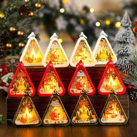 LED Christmas Lantern Triangular Night Light Battery Operated PVC Hanging Ornament Santa Snowman Reindeer Pattern Holiday Decoration