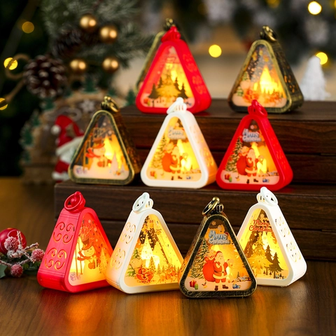 LED Christmas Lantern Triangular Night Light Battery Operated PVC Hanging Ornament Santa Snowman Reindeer Pattern Holiday Decoration