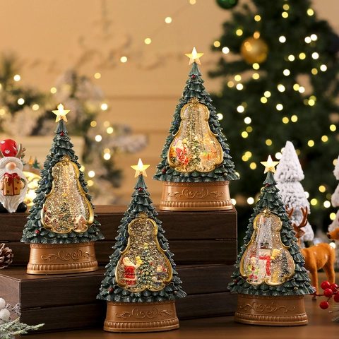 Christmas Tree Snow Globe Ornament LED Light Music Box Automatic Snowing USB Battery Powered Resin Santa Snowman Christmas Decoration Gift